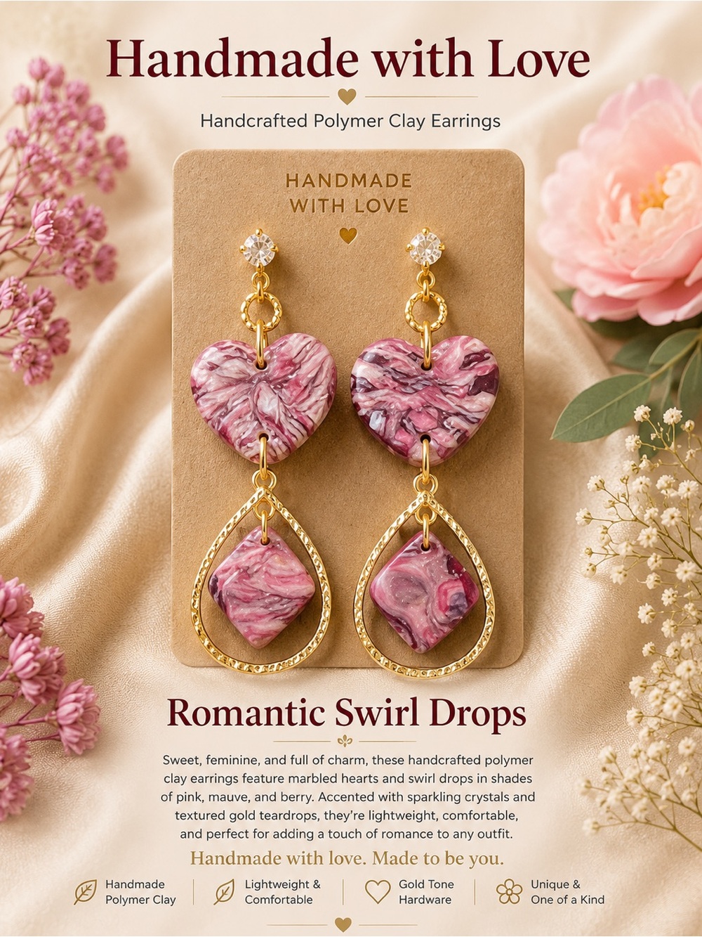Romantic Pink Marbled Heart & Teardrop Earrings